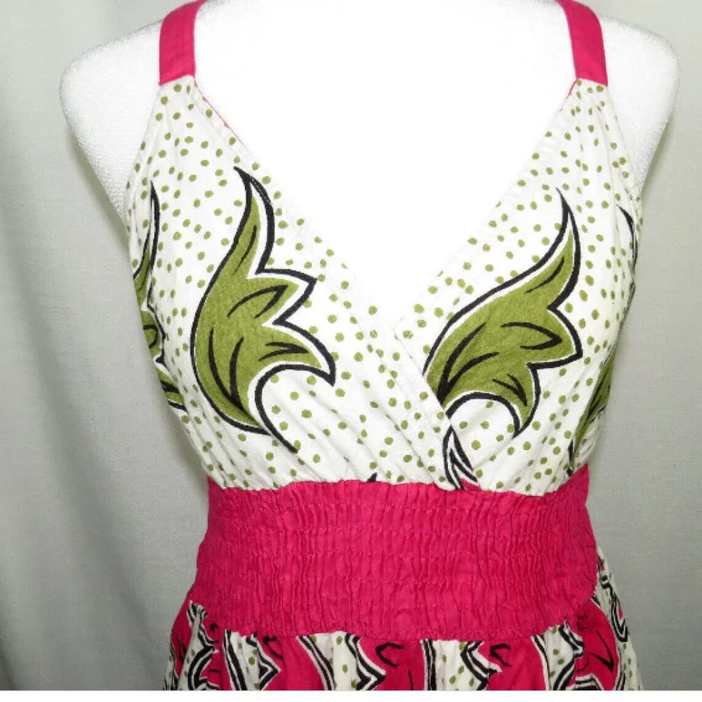 Indian Tropical Fashion Women's Size M/L Multi Color Floral V Neck Smocked Dress